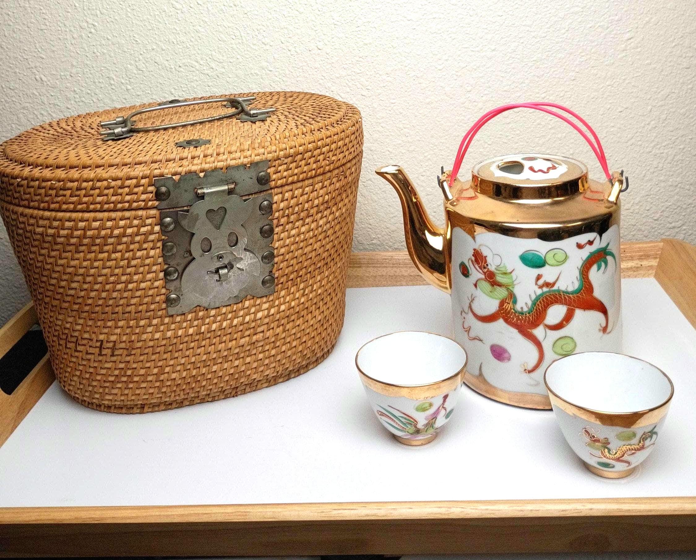 Basket Oriental Teapot Set Vintage Wicker Basket Chinese Tea Set