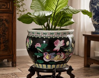 Vintage Famille Noir Fishbowl Planter with Vintage Hardwood Display Stand | Mandarin Ducks, Lotus, Koi & Floral Motifs | Chinese Cachepot