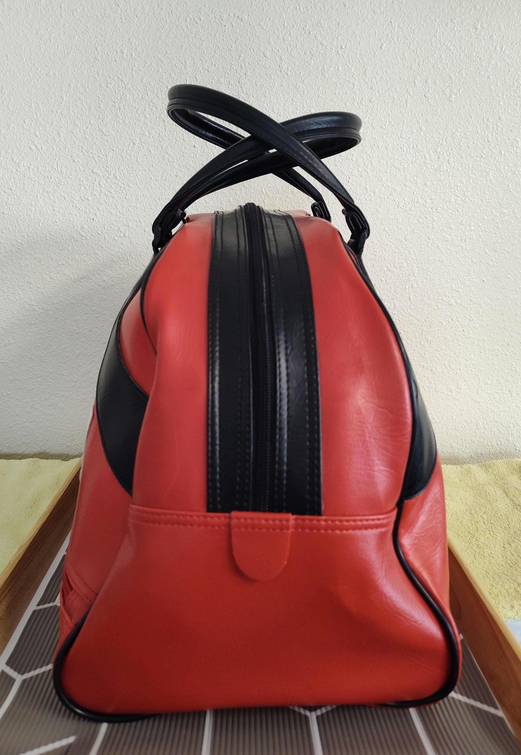 Vintage 70's Vinyl Puma Red Boston Bag Duffle Red White
