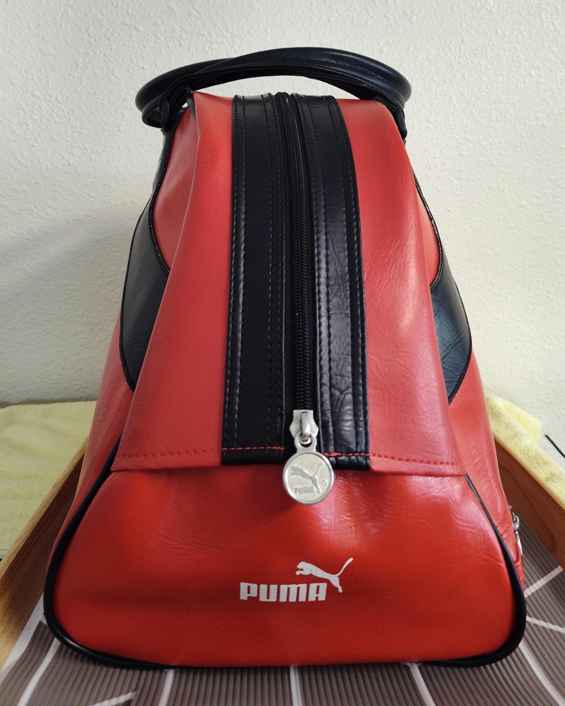 Vintage 70's Vinyl Puma Red Boston Bag Duffle Red White