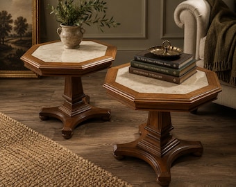 Vintage Octagonal Pedestal Tables with Natural Stone Tops – Pair of Solid Wood Accent / Lamp Tables