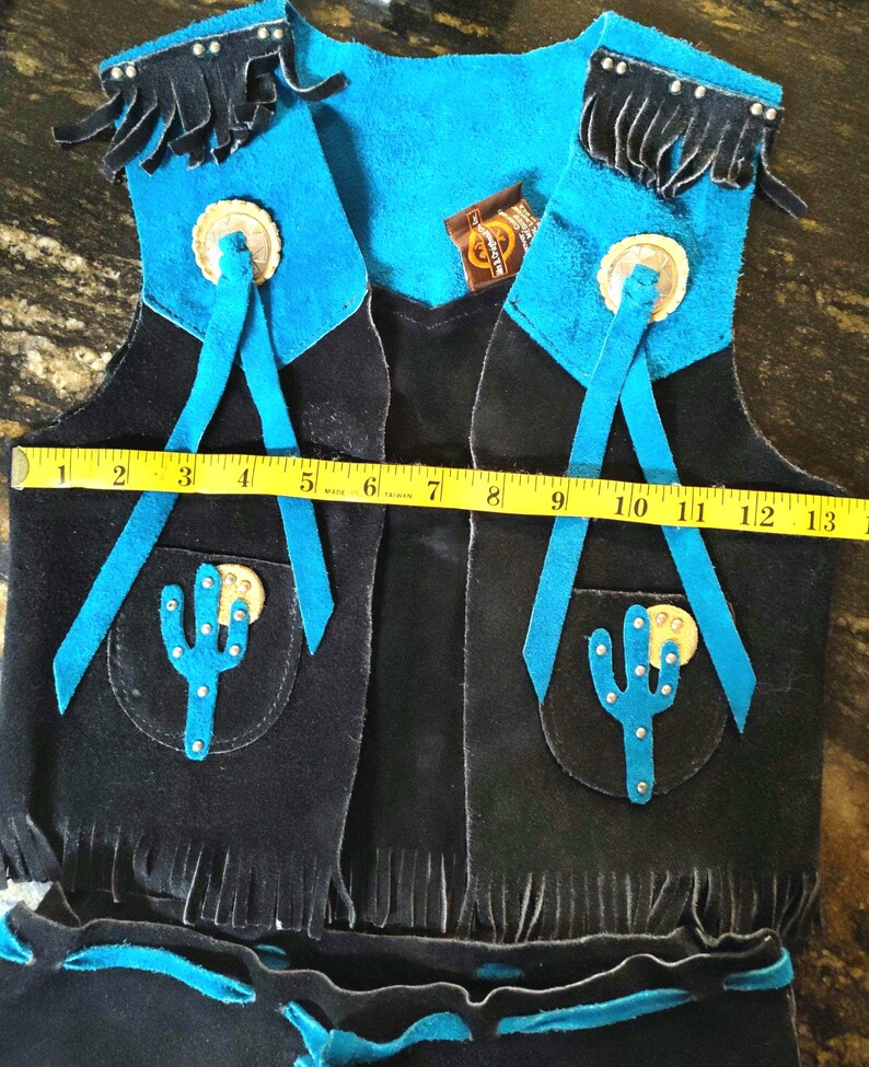 Vintage 1970s Girls Western Cowhide Vest & Skirt Set | Turquoise Cactus Fringe Outfit | Kids Cowgirl Rodeo Wear image 7