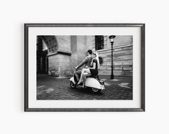 Couple on Vespa Print, Photography Prints, Vespa Girl Photo, Black and White Print, Vespa Scooter Poster, Museum Quality Photo Art Print