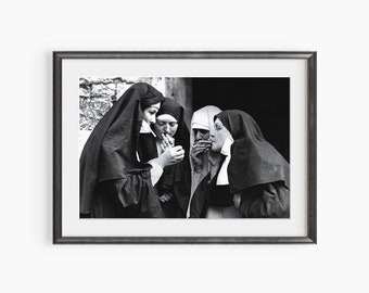 Nuns Smoking Photo Poster, Catholic Nuns Photo, Nuns Smoking Cigarette, Funny Poster, Black and White Poster, Museum Quality Photo Art Print