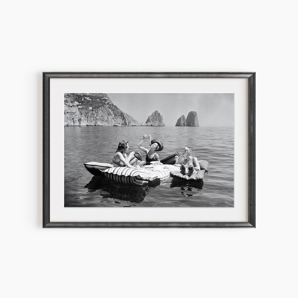 Hamilton Wright, tirages photo, femmes mangeant des spaghettis, Capri Italie, art mural rétro noir et blanc, impression photo de qualité musée