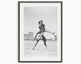 Vintage Beach Photo, Couple Playing Leapfrog, H Armstrong Roberts, Photography Prints, Black White Wall Art, Museum Quality Photo Art Print