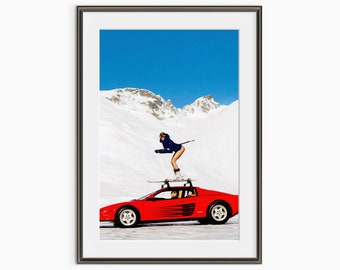 Stampa fuori pista, Tony Kelly, Stampe fotografiche, Los Angeles, Foto d'arte, Sci su Ferrari, Poster retrò, Stampa artistica fotografica di qualità museale