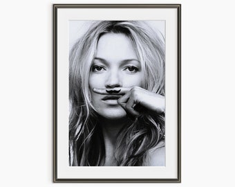 Affiche Kate Moss, photo mannequin, moustache Kate Moss, affiche amusante, tirages photographiques, photos noir et blanc, impression photo de qualité musée