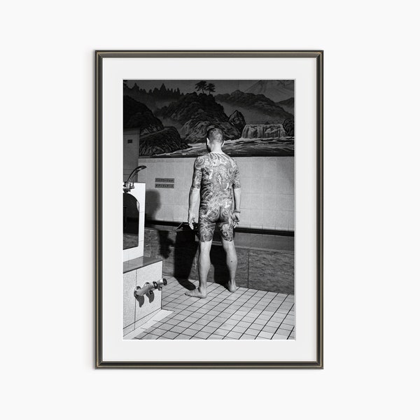 Yakuza Gangster at Japanese Bathhouse, Naked Tattooed Man, Theo Cottle, Photography Print, Black White Photo, Museum Quality Photo Art Print