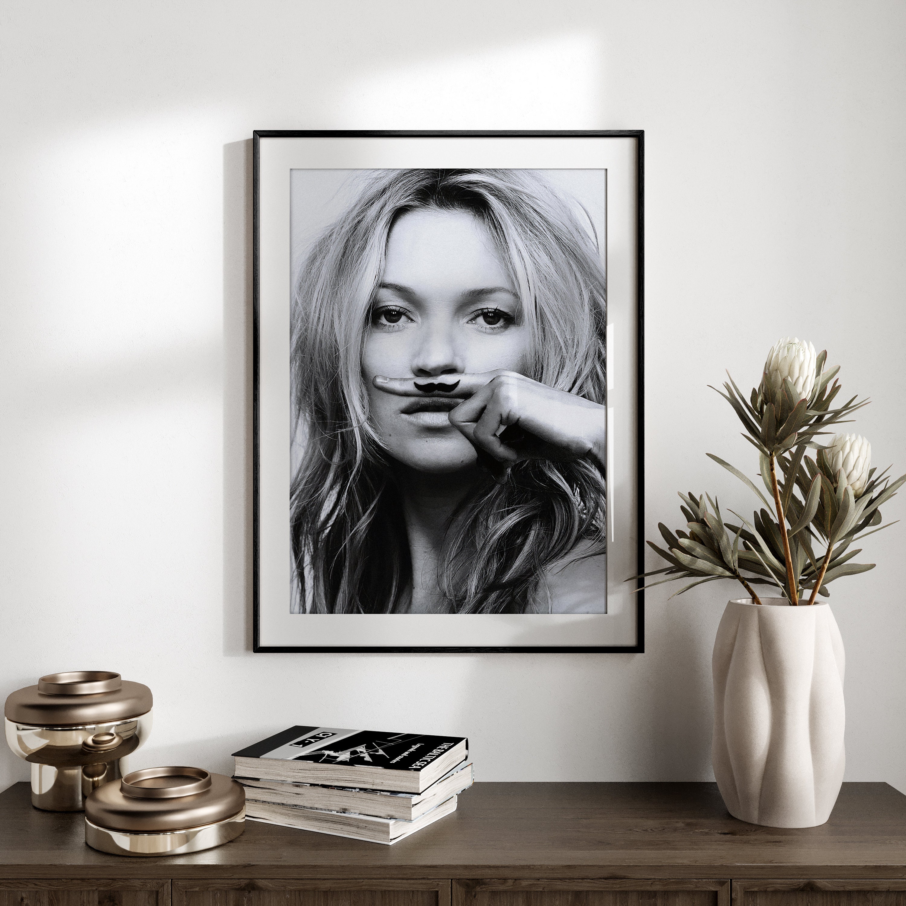 Kate Moss Poster, Fashion Model Photo, Kate Moss Moustache, Funny Poster, Photography Prints