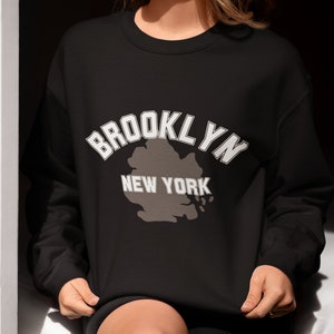 Brooklyn Unisex Rundhals-Sweatshirt, Bequemer Lässiger Baumwoll-New-York-Print Pullover, Loose Fit Kuscheliger USA State Map Pullover, Grafik-Jersey