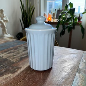 ヴィンテージライトブルーの蓋付きプラスチックジャー - リブ付きレトロキャニスターコーヒージャークッキージャーシュガージャー