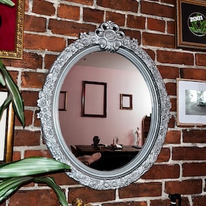Oval Ornate Silver Mirror – Baroque Antique Renaissance Rococo Style Vintage Gothic Plastic Frame
