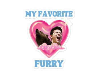 Op de afbeelding: Een roze hart met een beer en een persoon erin. De tekst "My Favorite Furry" staat boven en onder het hart.