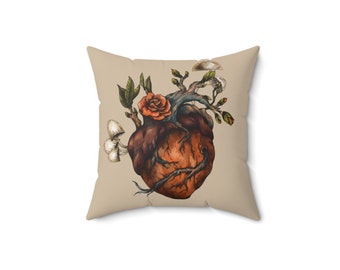 Cottagecore pillow, mushroom decor, mushroom pillow, anotomical heart decor, cottagecore gift, mushroom gift, faux suede pillow