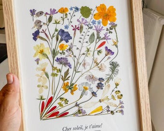 Dear sun, I love you! · Framed pressed flower painting 23 × 32 cm · Handmade botanical art