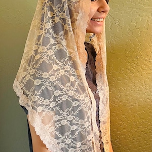 Beige Stretch Lace Triangle Chapel Veil