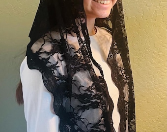 Black Floral Lace Chapel Veil, Diamond Floral Triangle.