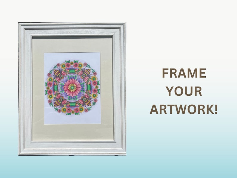 May include: A white frame with a white mat surrounding a colorful mandala print with bees and flowers. The text "FRAME YOUR ARTWORK!" is on the right side of the image.
