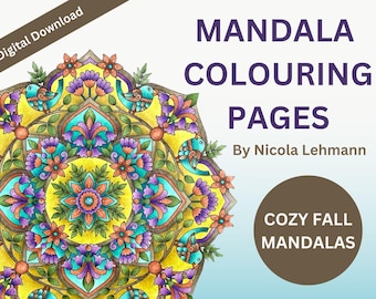 Op de afbeelding: Een digitale download van mandala kleurplaten met een kleurrijke mandala met bloemen- en vogelmotieven. De titel "Cozy Fall Mandalas" wordt weergegeven in bruine tekst op een bruine cirkel.