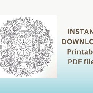 May include: A black and white printable coloring page featuring a mandala design with bees, flowers, and leaves. The text "INSTANT DOWNLOAD Printable PDF files" is in the upper right corner of the image.