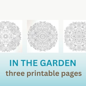 May include: Three printable coloring pages featuring intricate mandala designs with floral motifs. The title "IN THE GARDEN" and "three printable pages" are displayed below the images.