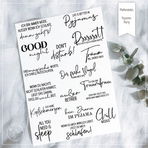 Peut inclure: Un ensemble de 10 autocollants imprimables avec différentes phrases liées au sommeil et aux pyjamas. Les autocollants présentent un texte noir sur fond blanc. Certaines des phrases incluent "Bonne nuit", "Ne pas déranger", "La vie est meilleure en pyjama", "L'oiseau matinal", "J'ai mal à la tête", "Tout ce dont vous avez besoin est de dormir", "Mode détente", et "Pas de drame en pyjama".