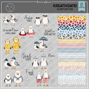 Puede incluir: Impresión de arte digital con gaviotas de dibujos animados en varios atuendos, incluyendo gafas de sol, impermeables y sombreros de marinero. Incluye el texto "KREATIVDATEI SCHIETWETTER".