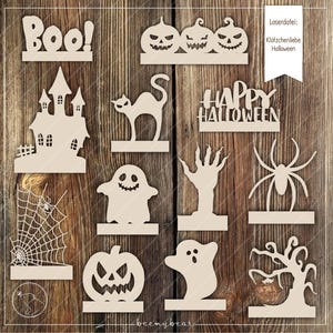May include: A set of 12 laser-cut wooden Halloween decorations. The decorations include a ghost, a spider, a pumpkin, a haunted house, a cat, a tree, a hand, a spider web, and the words "Boo!" and "Happy Halloween".