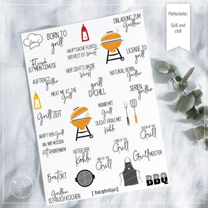 May include: A sheet of stickers with various grill-themed designs. The stickers feature illustrations of grills, meat, and other grilling accessories. The text on the stickers includes phrases like "Born to grill", "Grill Zeit", and "Grillmeister".