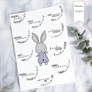 以下が含まれることがあります： かわいいウサギのイラストと、ドイツ語と英語で書かれた春とイースターをテーマにしたさまざまなフレーズが描かれた印刷可能なデザインシート。フレーズには、「Springtime」、「Happy Easter」、「Hello Spring」、「Some bunny loves you」、「Sunshine」、「Fr&uuml;hlingszeit」が含まれています。