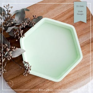 May include: A pale green hexagonal tray on a wooden board. The tray has a raised edge and a smooth interior. The text "STL-Datei: Schale Hexagon" is in a teal rectangle. Dried flowers and leaves are in the background.