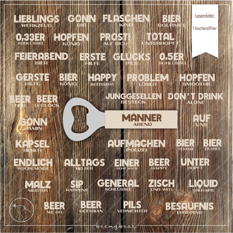 May include: A metal bottle opener with a wooden handle. The handle has the words "M&auml;nner Abend" printed on it. The bottle opener is surrounded by a wooden background with various German words related to beer printed on it.