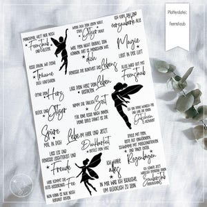 May include: A sheet of black and white printable stickers featuring fairy silhouettes and inspirational quotes in German. The quotes include "Feenstaub", "Magie", "Herz", "Glitzer", "Traume", "Lebe im Hier und Jetzt", "Dankbarkeit", "Spüre", "Freude", "Alles wird gut mit Feenstaub", "Ich habe alles", "In mir was ich brauche, um glücklich zu sein", "Regentobogen", "Zauberstab", "Nimm dir täglich Zeit", "Lass dein Herz dein Leben gestalten", "Ich kam, sah und verzauberte alle", "Wenn dich dein Leben nervt, streu Glitzer drauf", "Weit Feen nicht überall sein können, gibt es Menschen wie dich", "Genieße die Buntheit des Lebens", "Reise dahin wo deine Träume dich hinführen", "Öffne dein Herz", "Glück und Glitzer", "Spüre mal in dich", "Lass los und genieße Leichtigkeit und Freude", "Hier kommt die gute-Besserungs-Fee", "Nun kann es nur noch bergauf gehen", "Ich bin deine Wunsch-Fee und habe dir einen Gutschein bezaubert", "Spiele mit Feen, reite auf Einhörnern, schwimme mit Meerjungfrauen und tanze unter Regenbogen", "Ich könnte jetzt wirklich dringend einen Zauberstab gebrauchen".