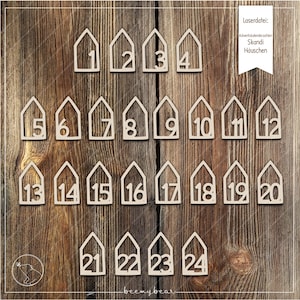 May include: Twenty-four wooden house-shaped ornaments with numbers 1 through 24, for a Scandinavian-style advent calendar. The ornaments are laser-cut and have a natural wood finish.