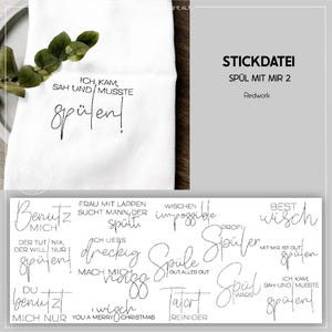 Puede incluir: Un conjunto de 10 diseños imprimibles para toallas de cocina con varias frases en alemán, incluyendo "Benutz mich", "Wischen impossible", "Ich lieb's dreckig", "Spüle wars", "Spiele gut, alles gut", "Tatorreiniger", "Profi Spüler", "Best wisch", "Mit mir ist gut spülen" y "Ich kam, sah und musste spülen".