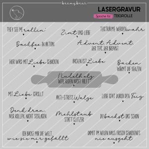 May include: A gray and white graphic with various phrases related to baking. The phrases are in a handwritten style and include "They see me rollin'", "Backfee in Aktion", and "Nudelholz weil reden nicht hilft".