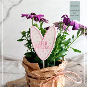 May include: A heart-shaped plant stake with the words "Beste Mama" in pink, surrounded by small pink dots. The stake is in a pot of purple flowers and green leaves, wrapped in brown paper.