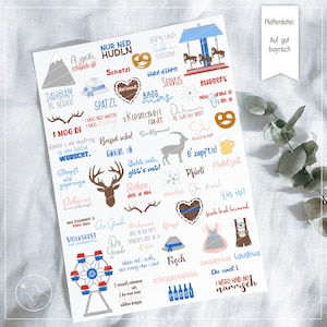 May include: A collection of colorful stickers with Bavarian-themed illustrations and text. The stickers feature images of pretzels, a deer, a heart-shaped cookie, a Ferris wheel, a traditional Bavarian hat, and a woman in a dirndl. The text on the stickers includes phrases like "Nur Ned Hudln", "Dahoam is schee", "O'zapftis!" and "I mog di".