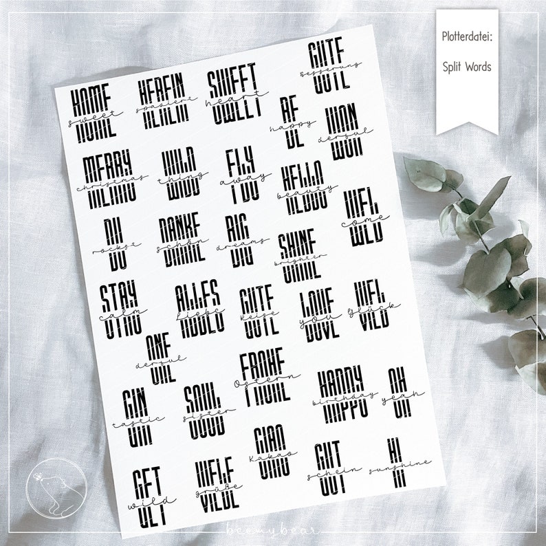 May include: A sheet of black and white stickers with words and phrases in German. The words are split into two lines. The words include "Home Sweet Home", "Herfin Heim", "Shift Heart Dwell", "GUTE Besseung OUTL", "Merry Christmas", "Wild Thing", "Fly Away I You", "Hello Beauty", "WIFI Come Wild", "Du Rockst Du", "Danke Schon Daniel", "Rig Dreams Dig", "Shine Bright", "Stay Calm Outro", "Alles Liebe Hugged", "GUTE Reise OUTL", "Love Your Dove", "WIFI Go Wild", "One Desque", "Gin Castle", "Soul Sister WOWW", "Frohe Ostern I Will", "Handy Weekend", "Oh Happy Year", "Get Wild", "Hilfe Suche", "GIAN Kamo", "Gut Schein OUT", "Hi Sunshine".