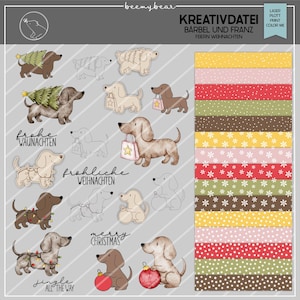 Könnte beinhalten: Digitales Kunstwerk mit Dackel-Hunden mit Weihnachtsmotiven. Die Hunde sind mit Weihnachtsbäumen, Einkaufstaschen und Christbaumkugeln dargestellt. Texte beinhalten "Frohe Weihnachten", "Merry Christmas" und "Jingle All The Way". Eine Auswahl an gemusterten Papierstreifen ist ebenfalls enthalten.