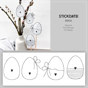 May include: Four black and white embroidery designs of Easter eggs with different patterns. The designs include a plain egg with a heart, an egg with a heart and a bow, an egg with a heart and a wavy line, and an egg with a heart and stripes.