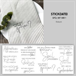 Puede incluir: Un conjunto de nueve sellos de goma blanca con tinta negra. Los sellos presentan varias frases relacionadas con el lavado de platos y la limpieza, incluyendo "Los platos se secan solos", "¿Quieres jugar conmigo?", "Yo cocino, tú lavas", y "El lavavajillas puede esperar".