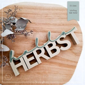 Può includere: Un cartello di legno beige che recita "HERBST" in maiuscolo, con un contorno verde acqua. Il cartello è posto su un tagliere di legno con fogliame secco. Il testo "STL-Datei: Schriftzug hallo Herbst" è in uno striscione verde acqua.