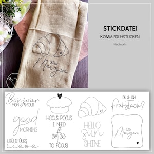May include: A beige linen tea towel featuring a black embroidered croissant and the words "Guten Morgen". Below are various black line art designs including a croissant, cupcake, and the words "Good Morning".