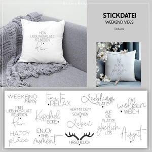 Könnte beinhalten: Ein Set mit 10 druckbaren Kissen-Designs mit verschiedenen Textphrasen in Schwarzweiß. Die Sätze beinhalten "Weekend Vibes", "Time to Relax", "Lieblings Platz", "Wolken Weich", "Mein Lieblingsplatz ist neben dir", "Kuschel Ecke", "Her mit dem schönen Leben", "Auf die Plätze glücklich los", "Happy Place" und "Enjoy this moment".