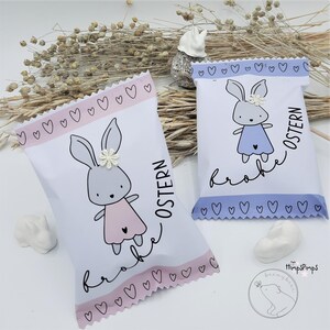 以下が含まれることがあります： ウサギのイラストと「Frohe Ostern」（ハッピーイースター）の文字が書かれた白いギフトバッグが2つ。左側のバッグにはピンクのウサギと、縁にピンクのハートが描かれている。右側のバッグには青いウサギと、縁に青いハートが描かれている。