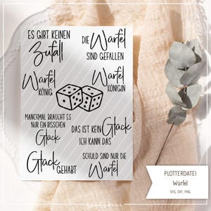 Könnte beinhalten: Eine weiße Karte mit schwarzem Text und Würfelgrafiken. Die Karte enthält Sätze wie "Es gibt keinen Zufall" und "Würfelkönig". In der unteren rechten Ecke steht "PLOTTERDATEI Würfel SVG, DXF, PNG."