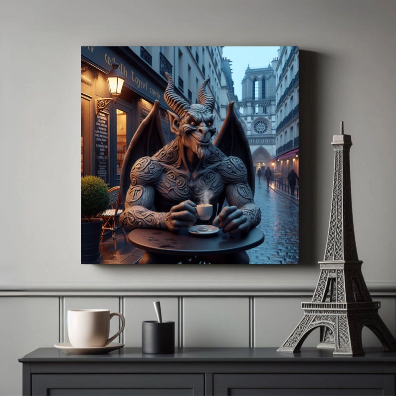 Gargoyle Wall Art Parisian Cafe Coffee Notre Dame Cathedral Abstract ...