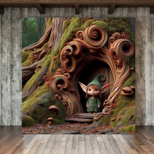 May include: A whimsical illustration of a small, green-skinned fairy with large ears and a pointed hat standing in front of a tree trunk with a carved doorway. The tree trunk is covered in moss and intricate carvings.